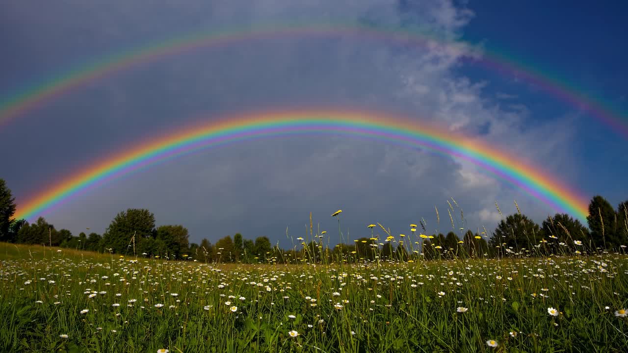 Wide-angle shot of a vibrant double rainbow over a lush meadow with wildflowers, capturing a serene