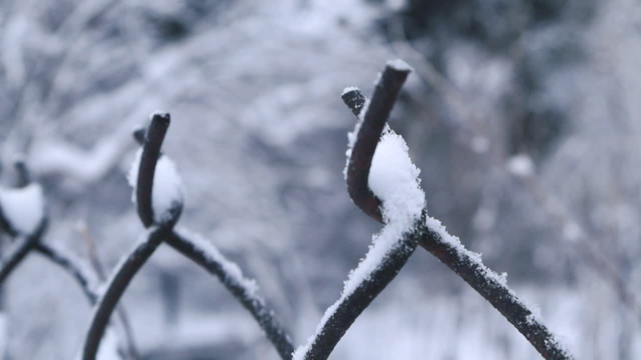 Close up footage slowly gliding over thick white snow covered chain link fence tips during winter cloudy day. Iron metal fence in focus and background winter snow covered garden with grass blurry.