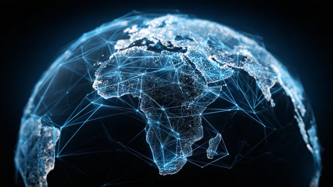 A Stunning Digital Representation of Earth Highlighting Africa with Dynamic Connections and Network Patterns in a High-Tech Style, Showcasing Connectivity and Data Flow