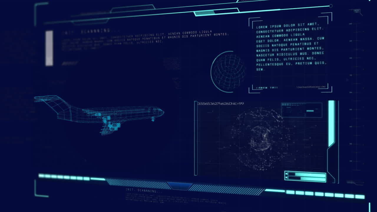 Animation of 3d airplane drawing with scope scanning and data processing
