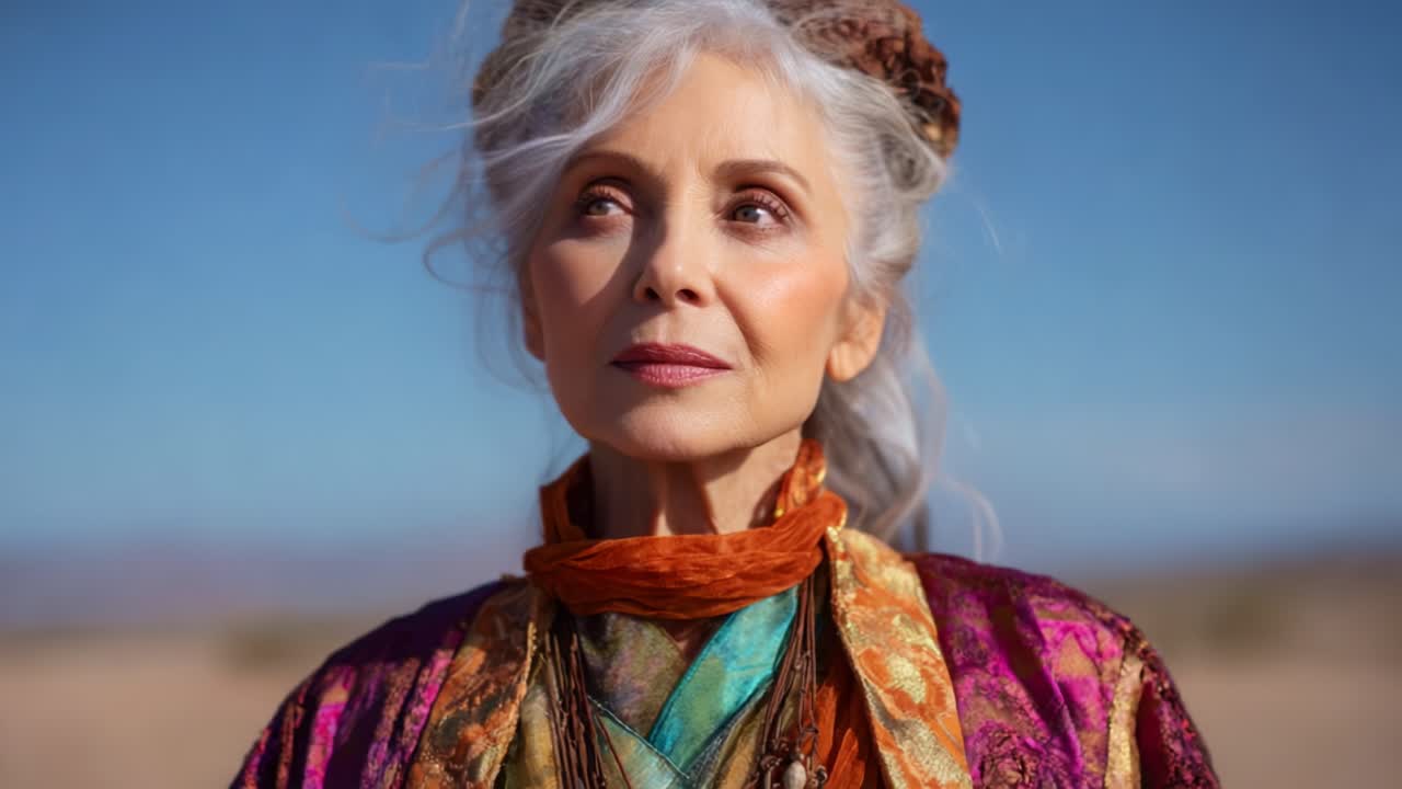 Una donna anziana ed elegante in abiti colorati, che posa con grazia su uno sfondo naturale e suggestivo, trasmettendo saggezza e una bellezza senza tempo in un ritratto accattivante