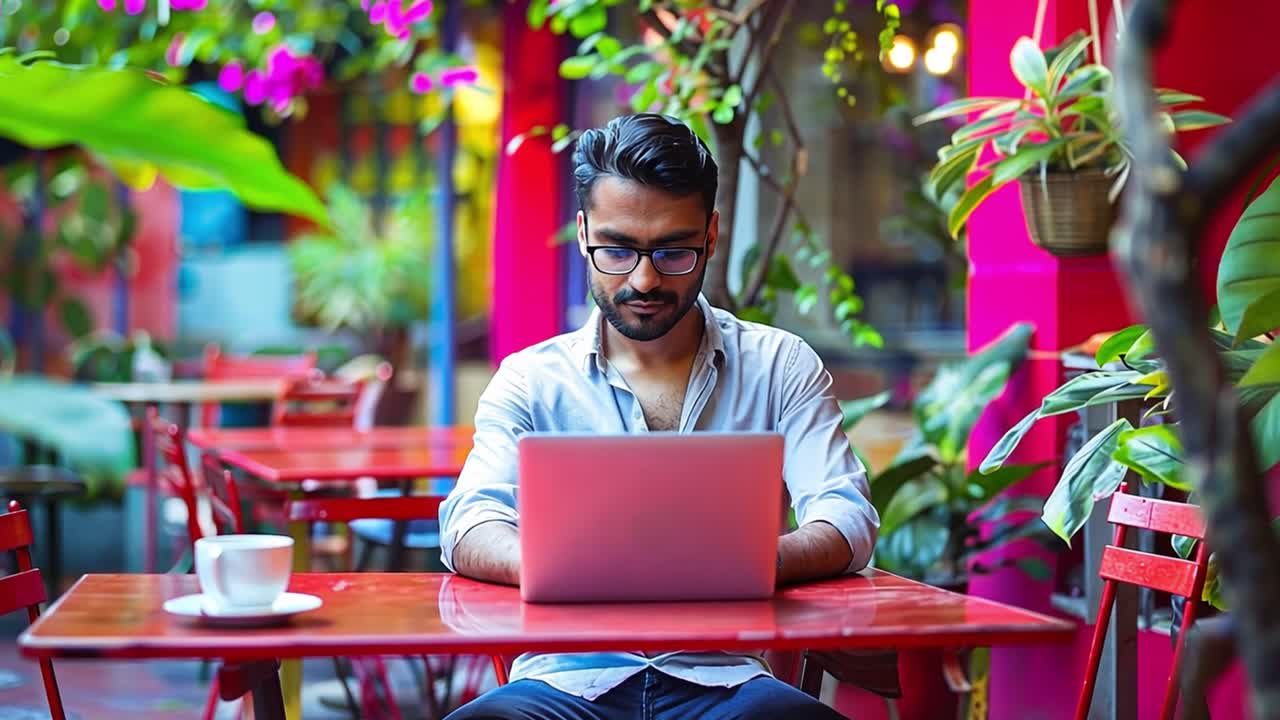 Uomo che lavora al laptop in un vivace caffè all'aperto