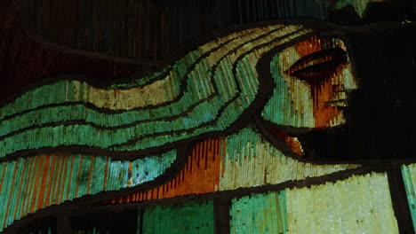 portrait of female made of stained glass in pripyat, zoom out view