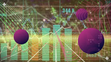 Animation-Von-Balken--Und-Liniendiagrammen-Mit-Bunten-Wellenmustern-Und-Kreisen-über-Einem-Gittermuster