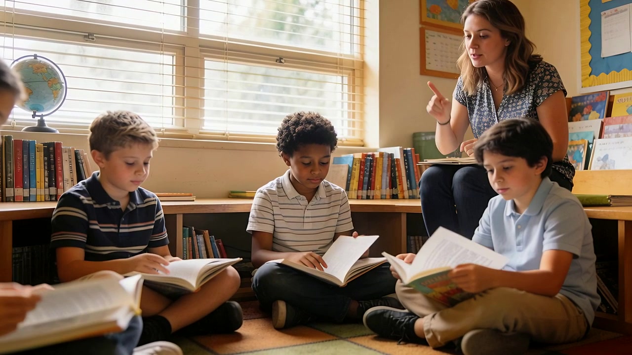 Pointing teacher encouraging right-side student turning page in classroom reading corner, books