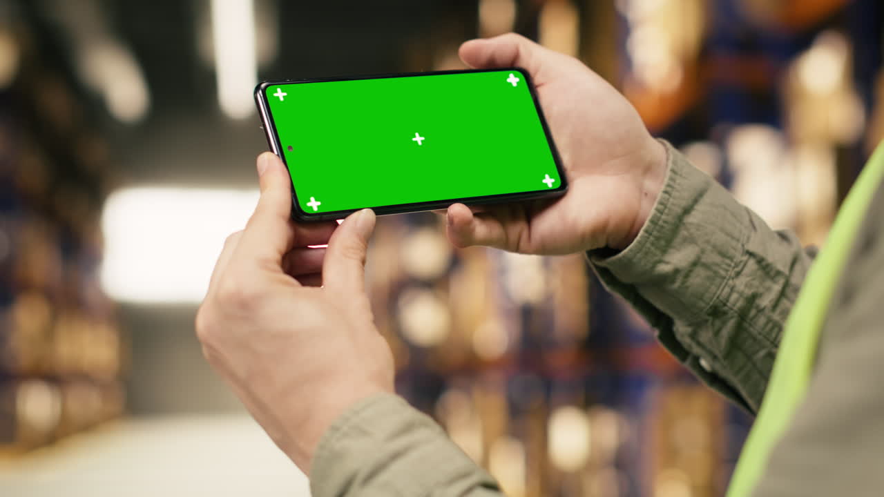 Chroma key sul telefono, con un dipendente vicino agli scaffali e scatole di cartone in un deposito affollato.