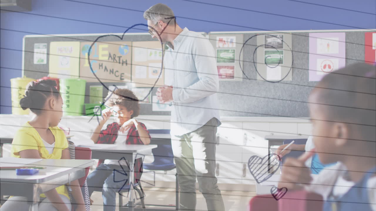 학교에서 교실에서 가르치는 백인 남성 교사에 대한  ⁇  줄로 된 종이 위에 여러 개의 아이콘