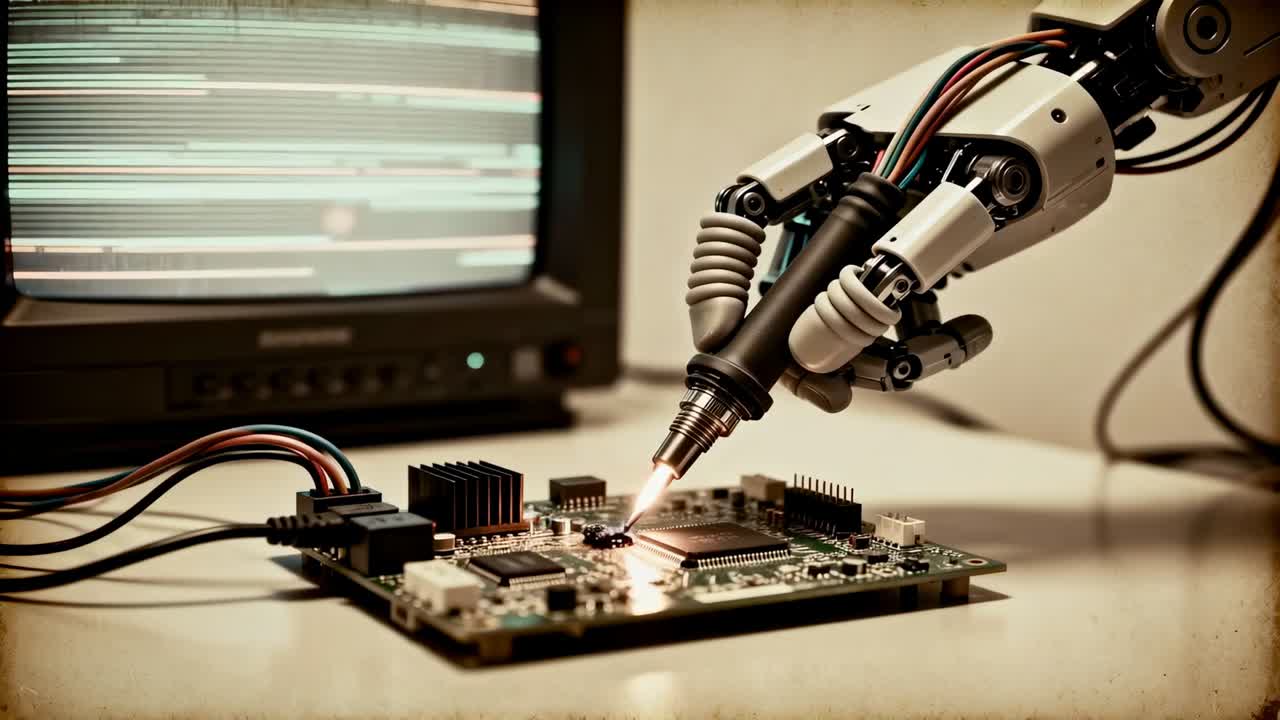 Hovering robotic arm activating soldering tip, heating PCB pads to solder components on workbench