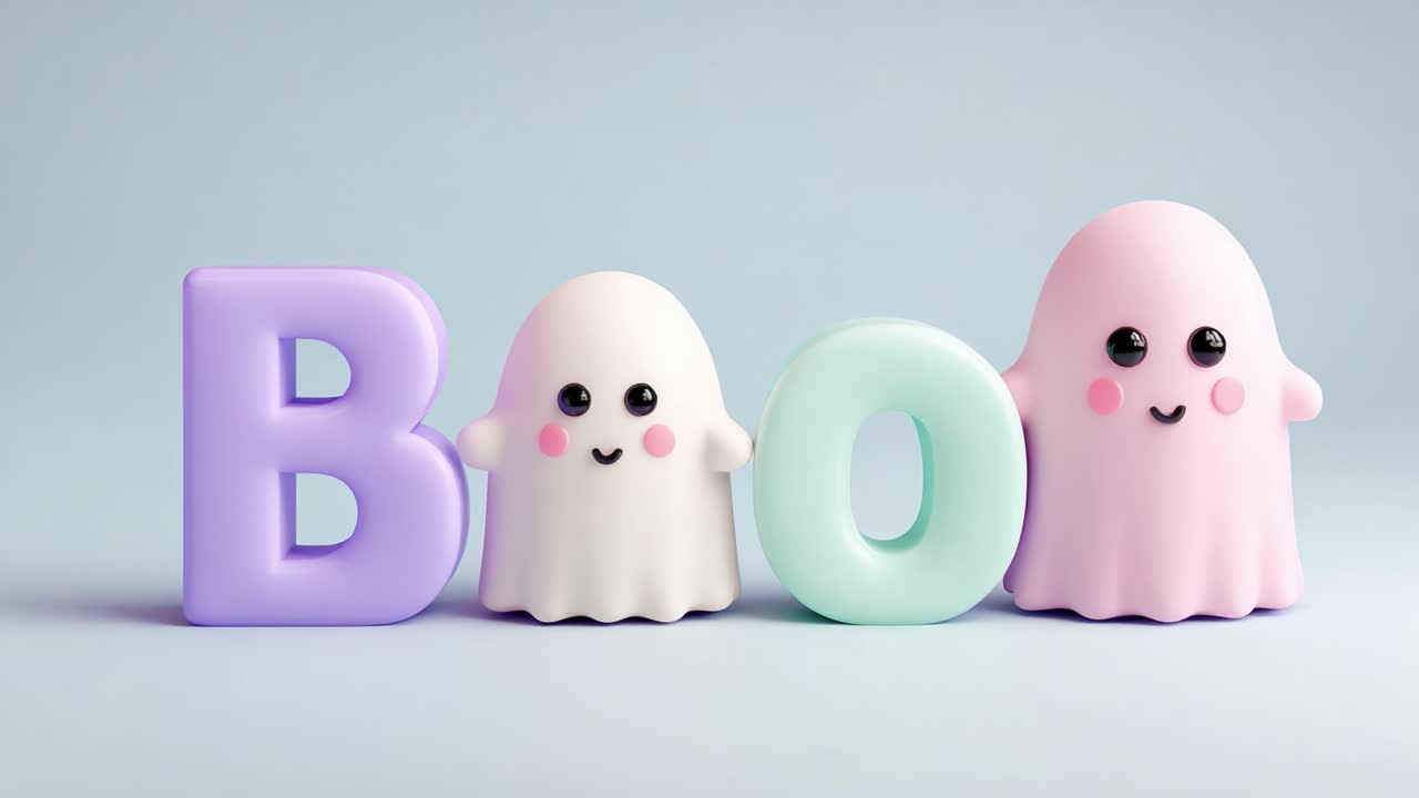 Adorable pastel kawaii ghosts spelling the word boo for a cute and spooky Halloween greeting, featuring pink, purple, and mint colors against a simple light blue background for a fun holiday card