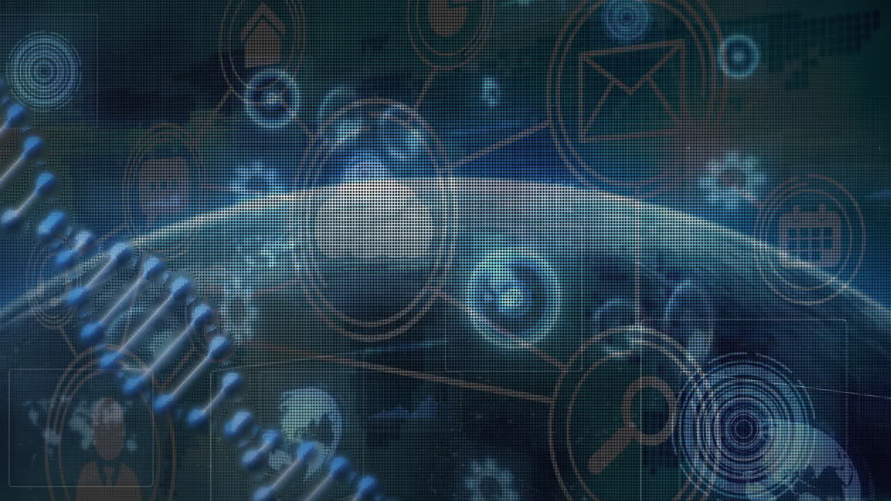 Animation of digital network icons and DNA strand over globe, showing connectivity