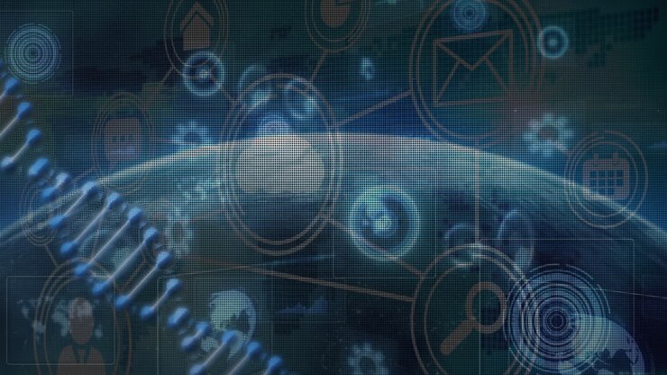 Animation of digital network icons and DNA strand over globe, showing connectivity