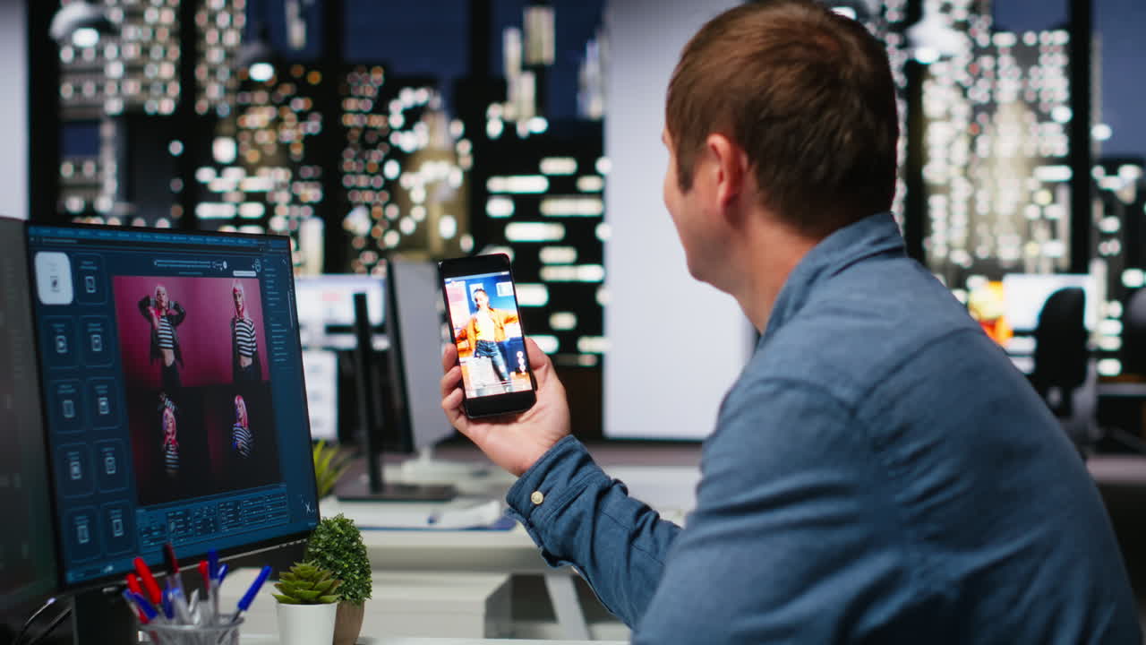 Young man photographer retouching content and scrolling on social media