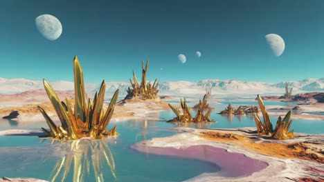 golden crystals on an alien landscape with multiple moons