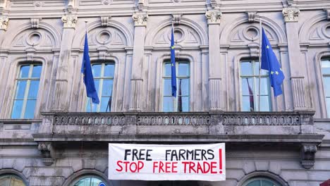 farmers protesting during eu summit in front of the european parliament at the luxembourg square - brussels, belgium