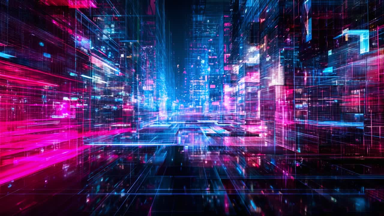 A futuristic, abstract digital cityscape illuminated in vibrant shades of blue and pink, representing a high-tech, neon-lit environment filled with glowing lines and geometric patterns