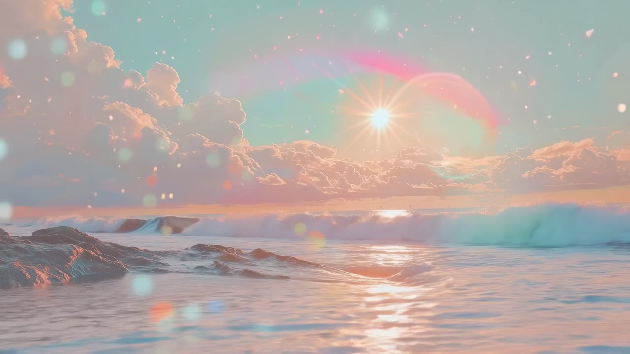 Dreamy beach scene with pastel skies and lens flare. Low-angle view captures waves and sun