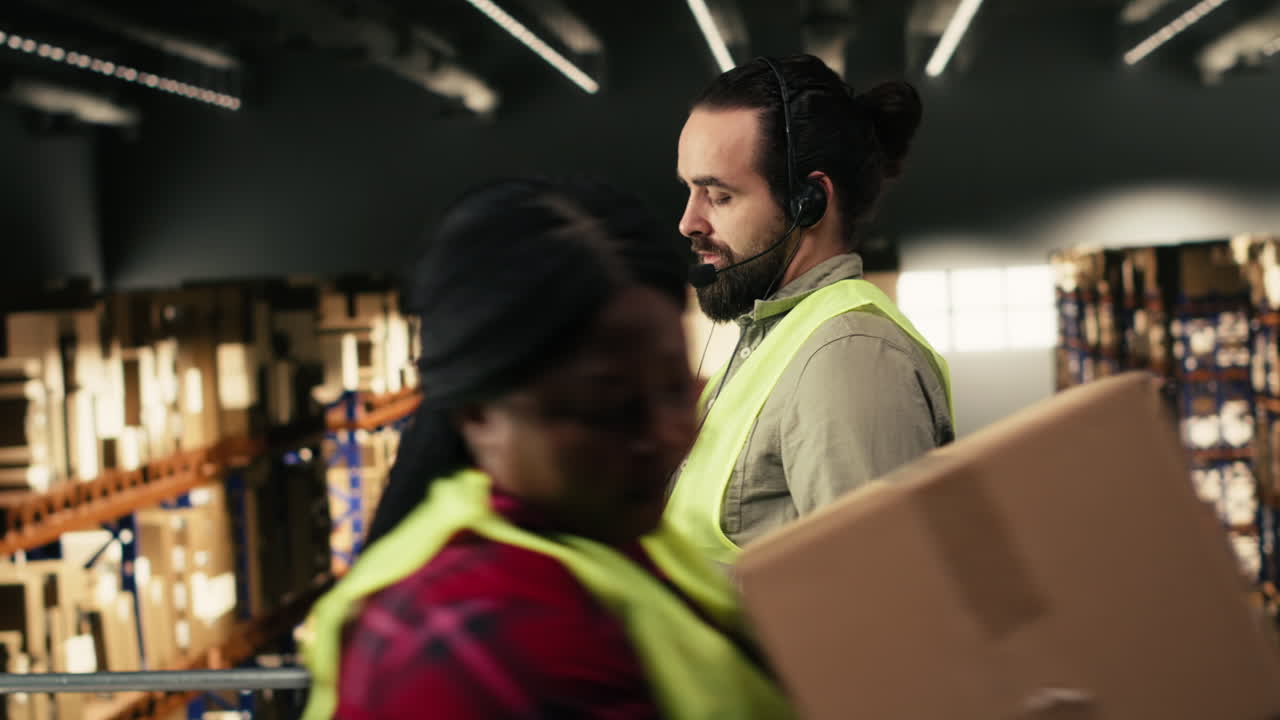 Warehouse Manager in Headset Using Tablet for Inventory Management