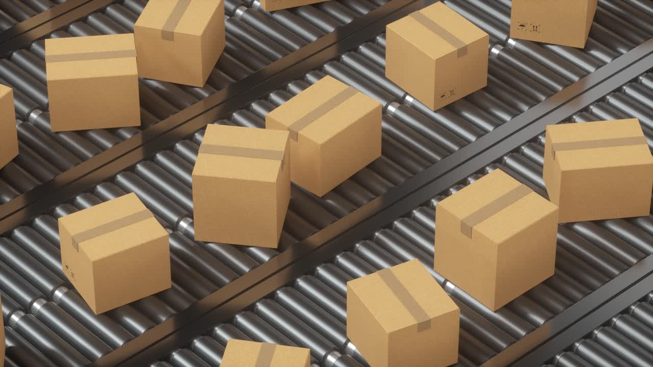 컨테이너 상자를 컨베이어 벨트에서 운반하는 3d 렌더링
