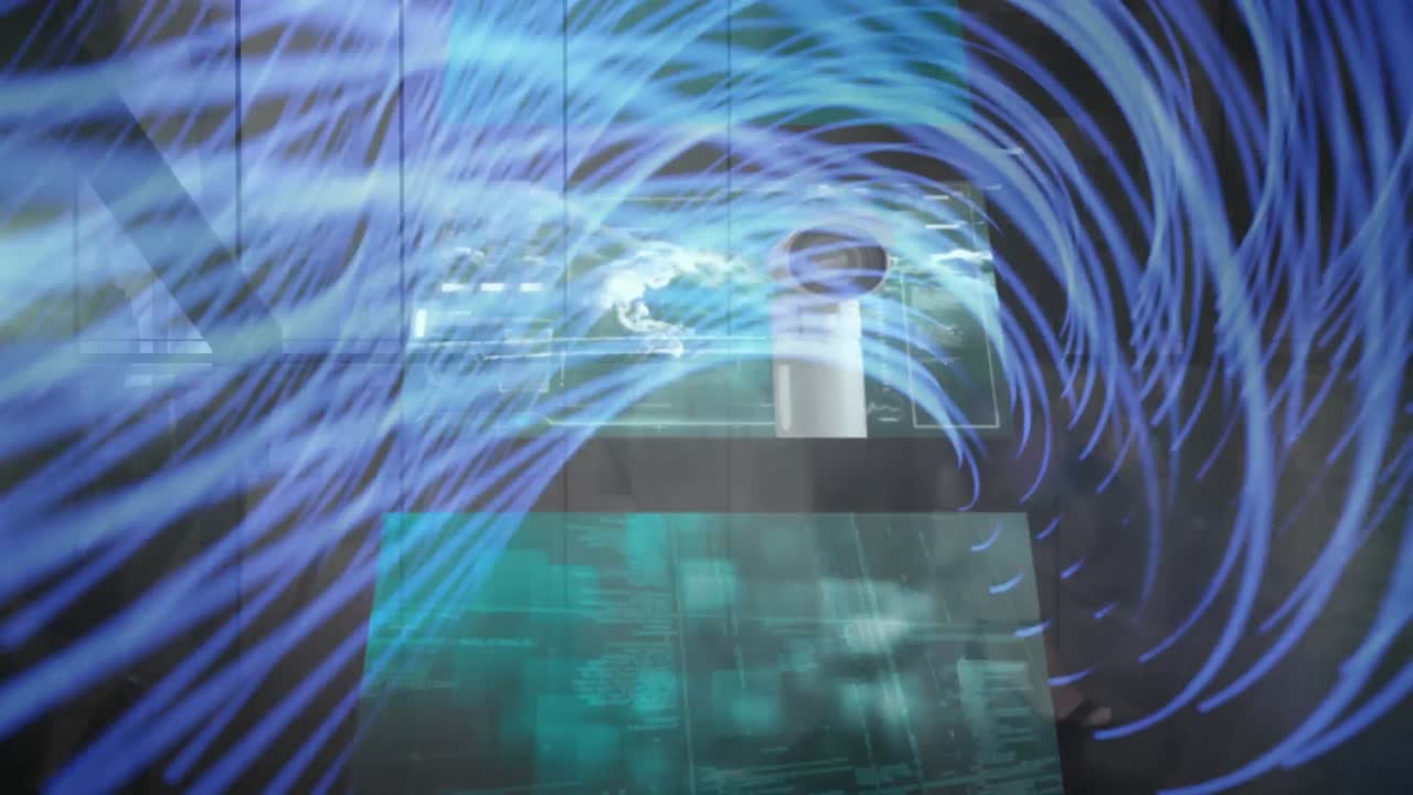 Animation of data processing on screens over pedestrians walking in fast motion