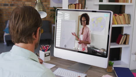 caucasian male student using computer on video call with female teacher