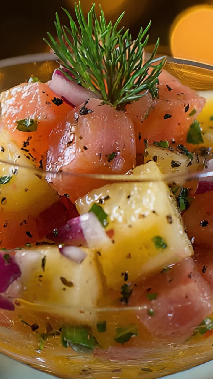A Fresh and Colorful Medley of Tropical Fruits and Fish, Dressed with Herbs, Perfect for a Refreshing Summer Snack or Appetizer, Served in a Elegant Glass Bowl
