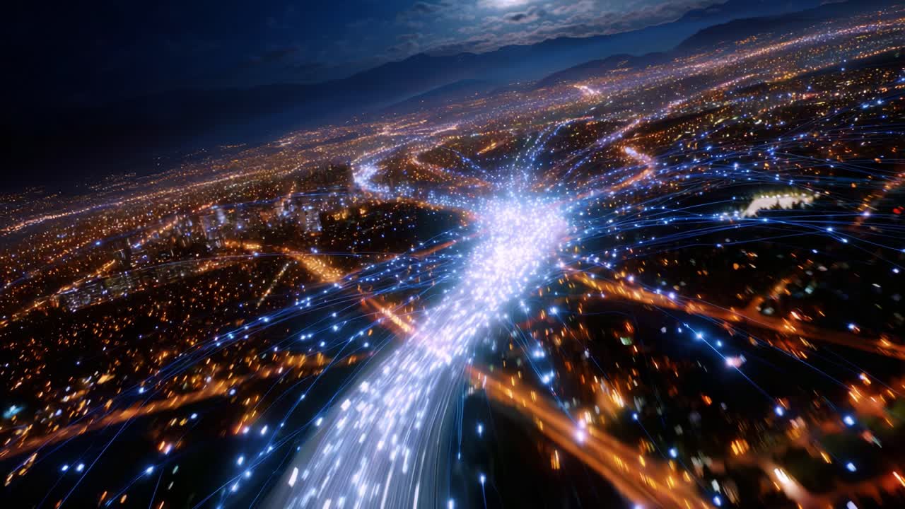A Stunning Aerial View of a Cityscape at Night, Highlighting the Vibrant Flow of Traffic and Illuminated Streets, Creating a Beautiful Network of Light Against the Dark Sky and Surrounding Mountains