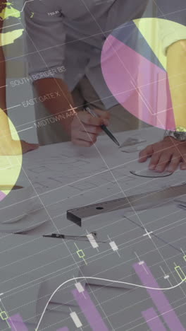 animation of statistics and financial data processing over business people in meeting