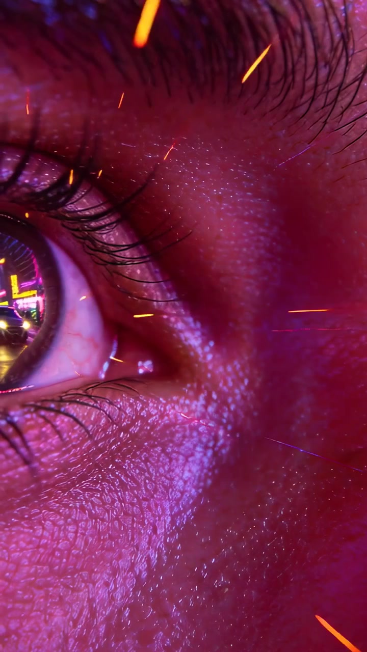 Vertical video: Responding to neon shift, left eye shifting gaze in closeup, iris glow and sparks