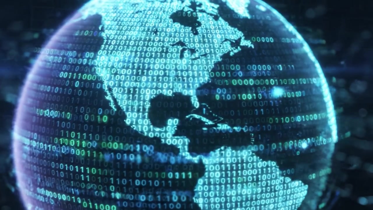 A stunning visual representation of a digital globe composed of binary code, highlighting the interconnectedness of technology and data across continents in a vibrant display.