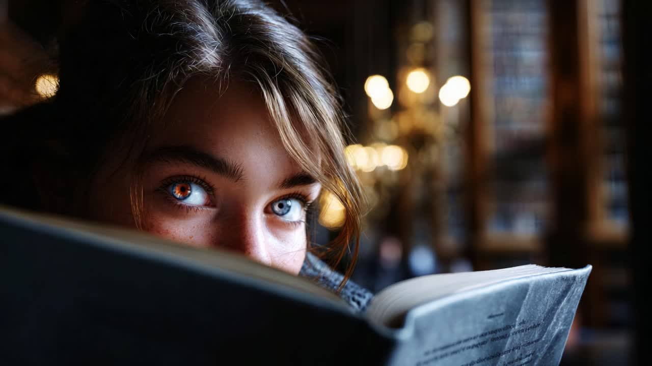 A Young Reader Immersed in Literature, Capturing the Enchantment of Books with Expressive Eyes in a Cozy Library Setting, Surrounded by Warm Lighting and Shelves of Knowledge