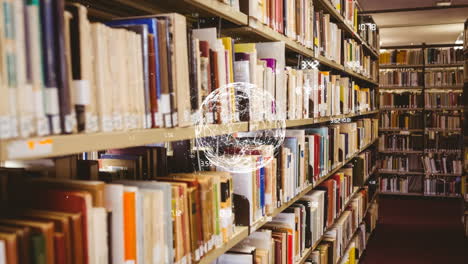 animation of globe with network of connections over shelves with books in library