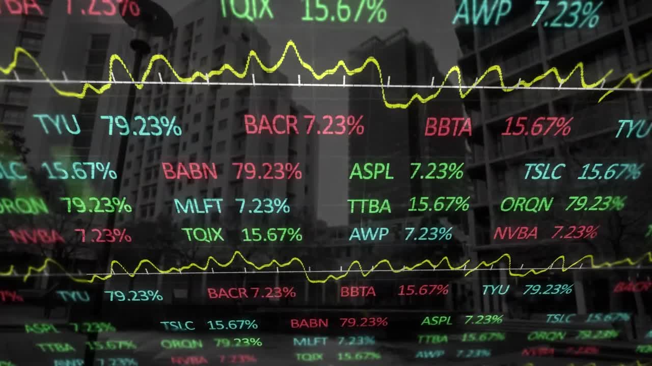 Animazione dell'elaborazione di dati finanziari su un paesaggio urbano