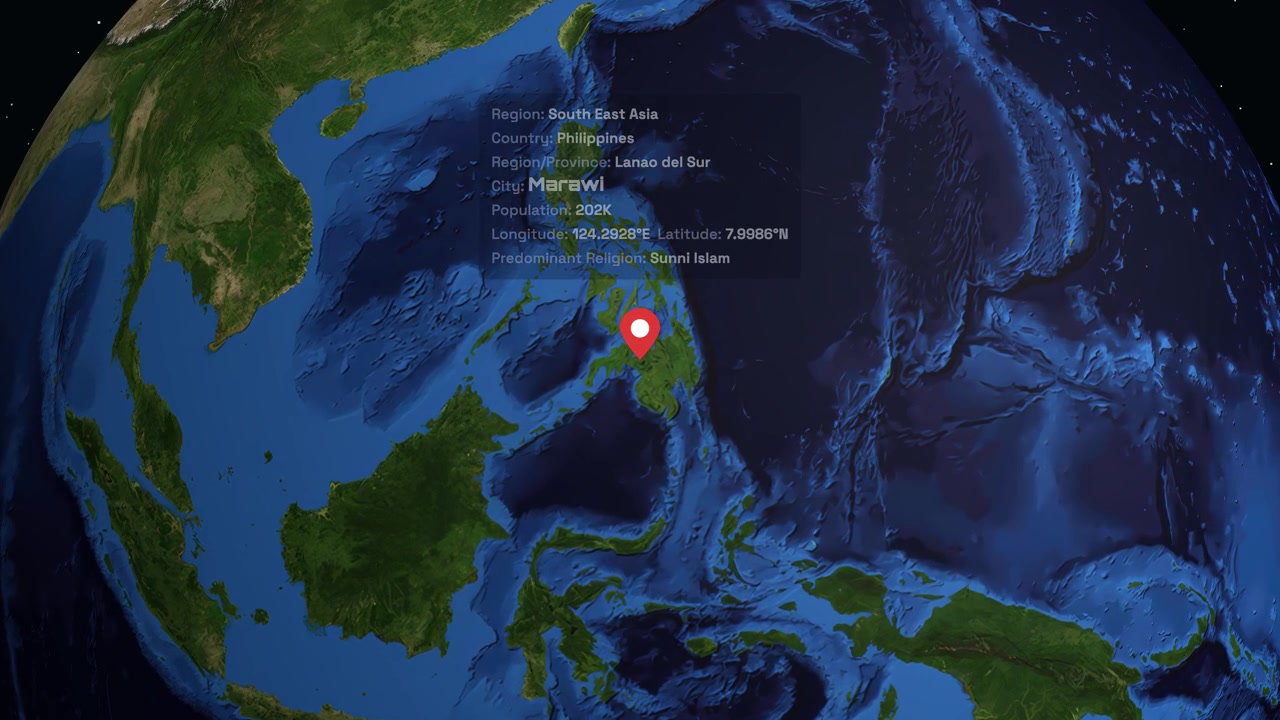 Digital globe rotates and zooms from space into Marawi, Philippines, with location data overlay