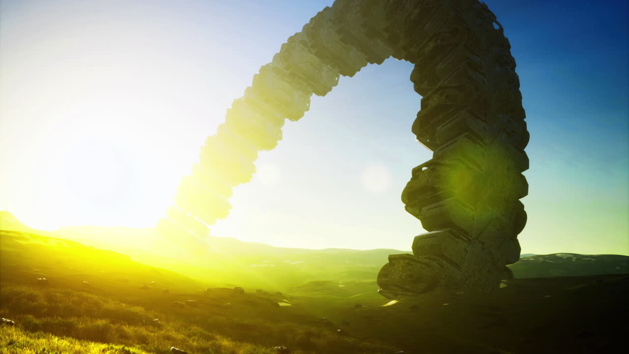 Mysterious alien ship emerges from glowing horizon in vibrant landscape