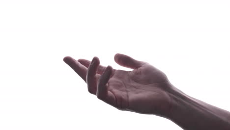 man opens the palm of the right hand in white background