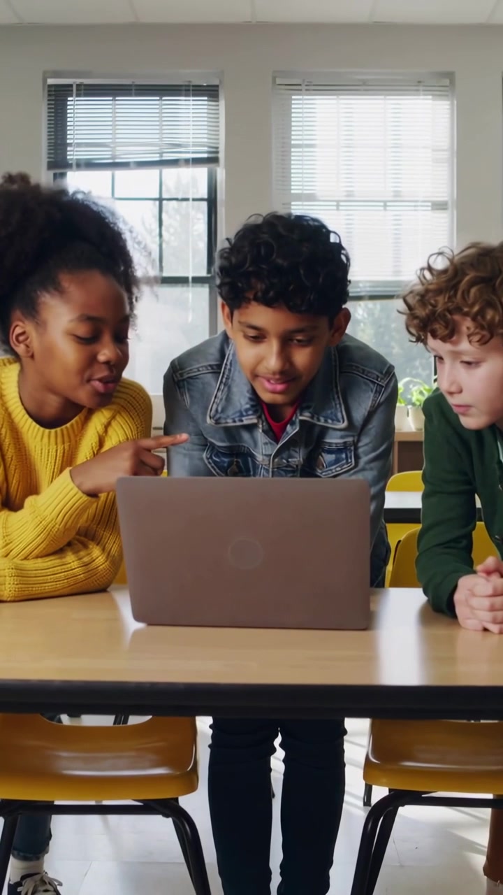 Vertical video: Pointing, yellow top girl urging peers to lean over laptop at school desk working