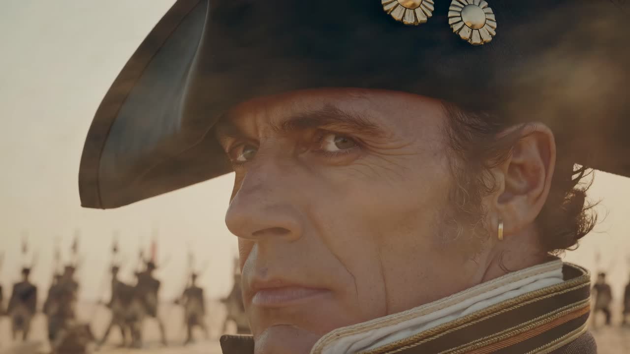 Close-up video still of a man in historical military attire, with a serious expression, shot