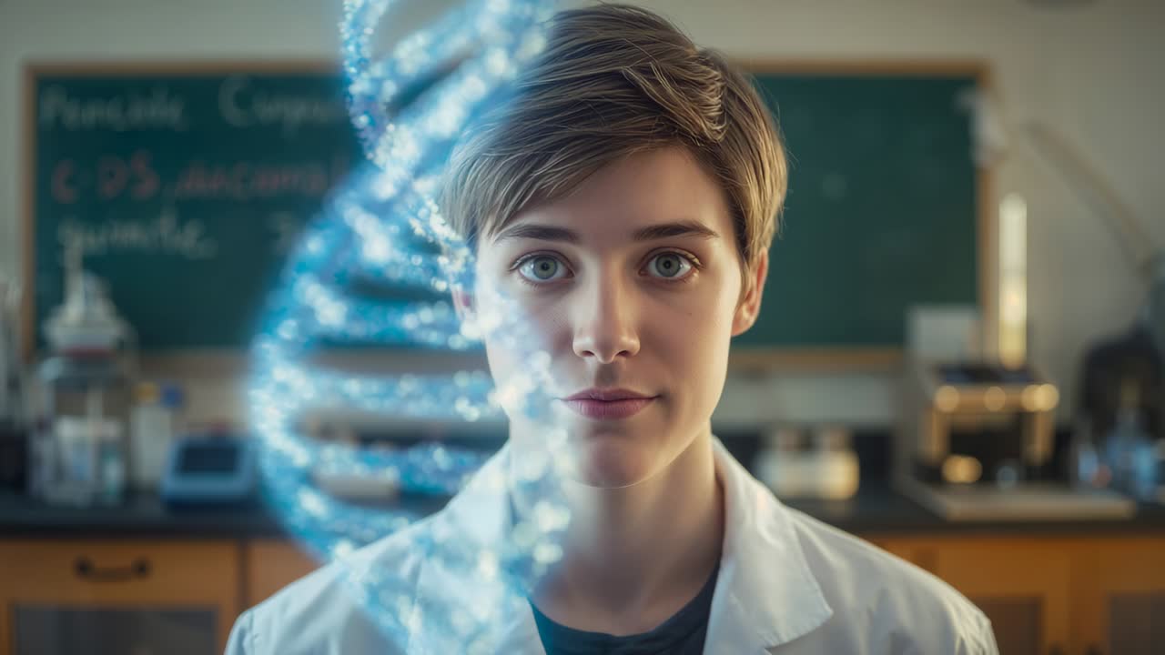 Standing woman in white coat at lab DNA helix appearing left crossing causing blinking holding gaze