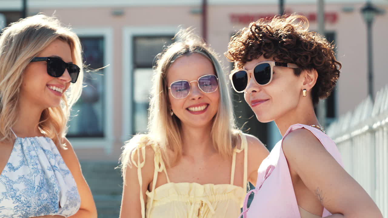 세 명의 행복한 친구들이 도시를 즐기고 있습니다.