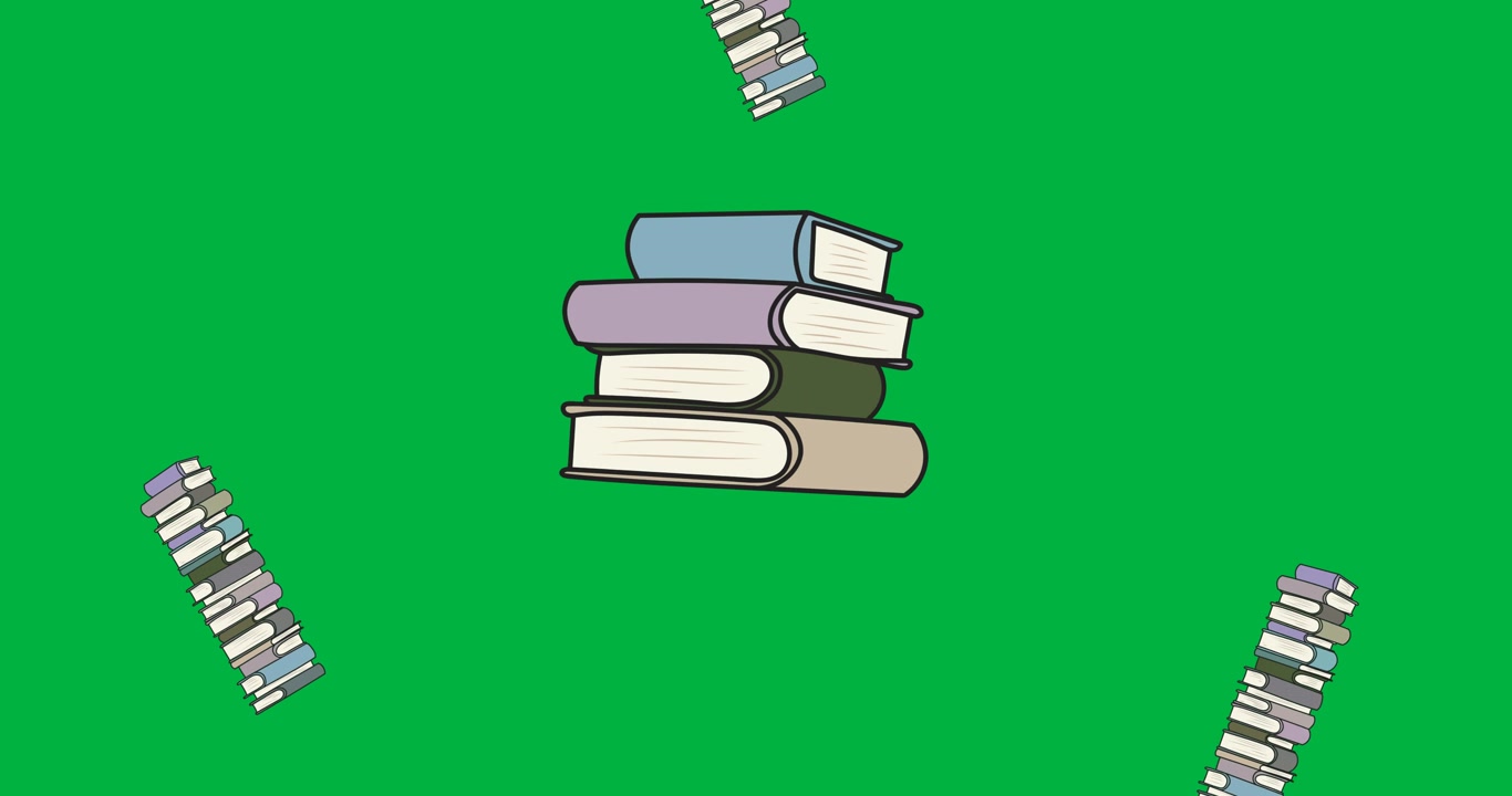 Digital animation of multiple stack of books icons falling against black background
