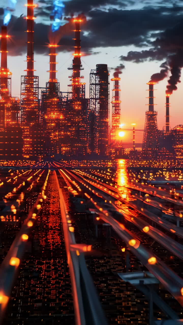 A city skyline with a large industrial plant in the background. The sky is dark and cloudy, and the sun is setting