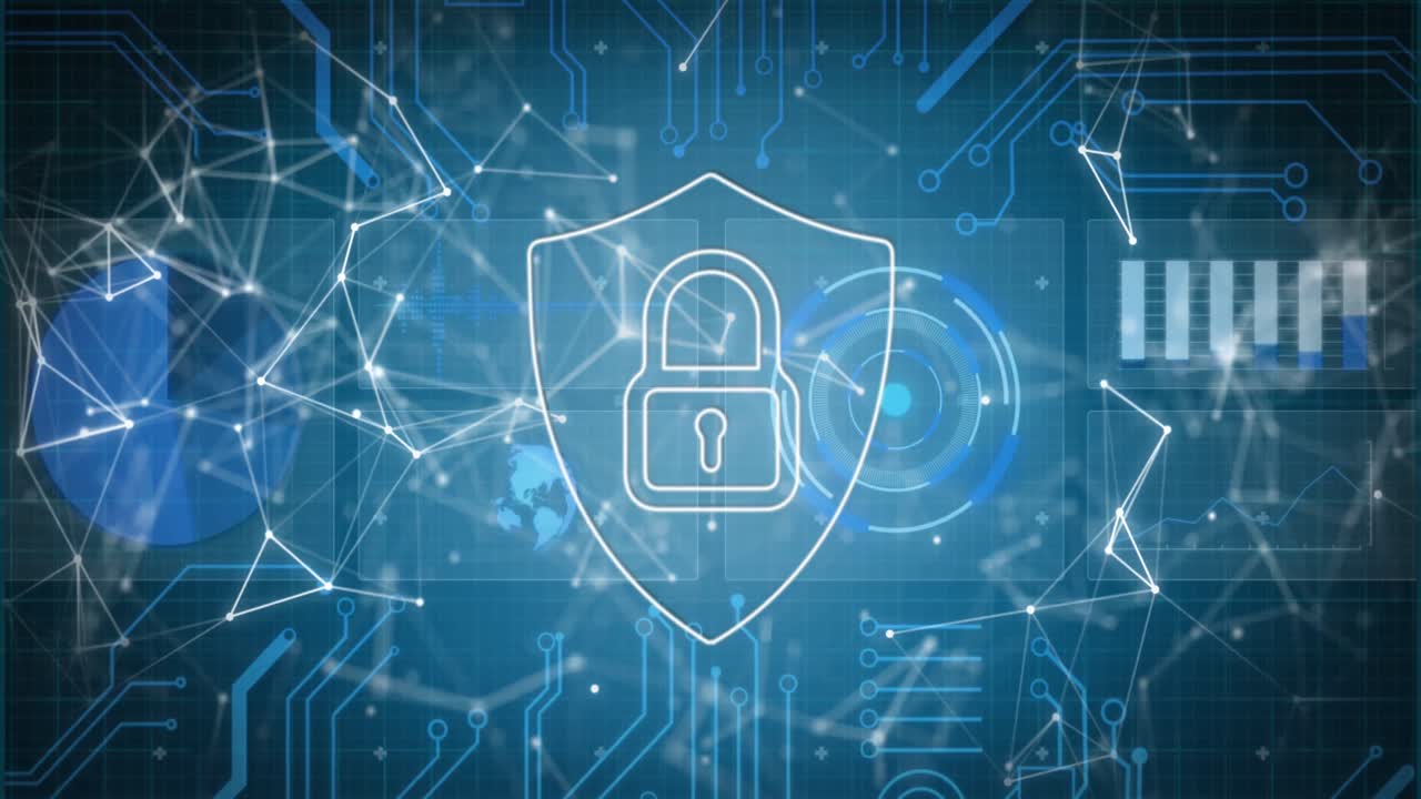 Animation of connections, data and digital shield with padlock on blue background