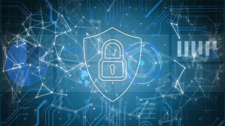 Animation of connections, data and digital shield with padlock on blue background