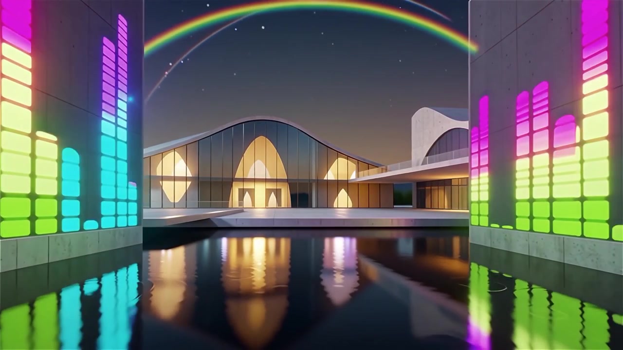 Sfondo visualizzatore equalizzatore musicale neon arcobaleno futuristico.