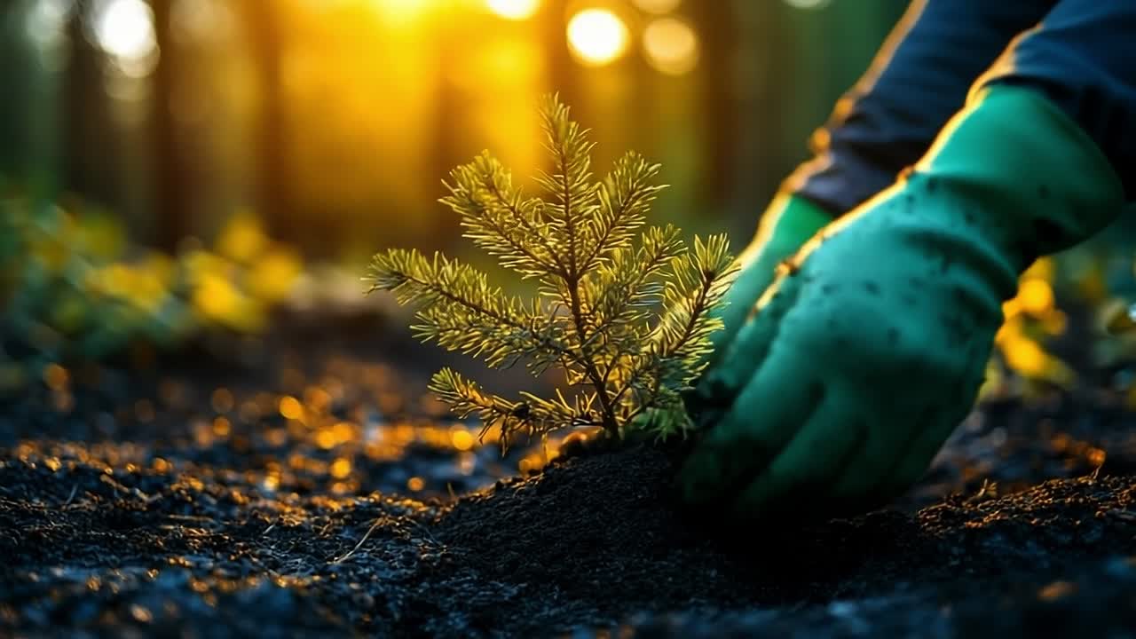 Young tree planted at sunset. A person with green gloves plants a young tree in rich soil while the sun sets, casting warm light through the forest.