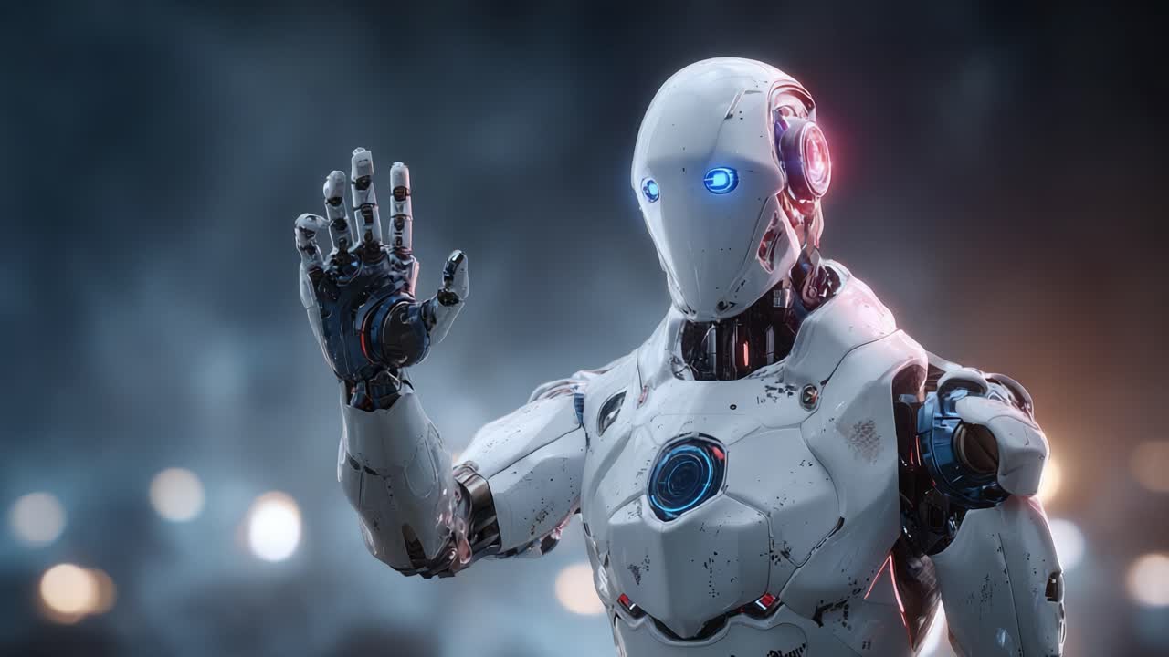 Futuristic Robot with LED Eye Lights in a Dimly Lit Environment, Signifying Advanced Technology and Robotics Innovations, Showcasing a Unique Design and Gesture