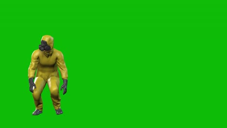 biohazard, hazmat suit 3d character walking afraid and running away on green screen 3d animation