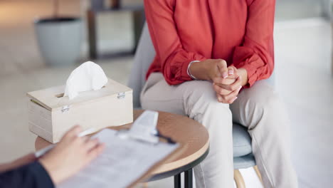 Clipboard,-therapy-and-listening-people-hands