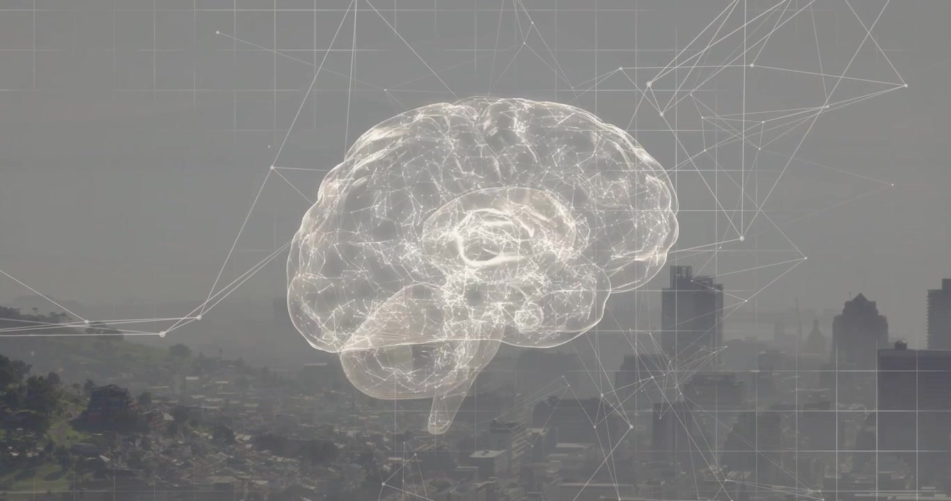 Modello digitale di cervello umano in rotazione su paesaggio urbano