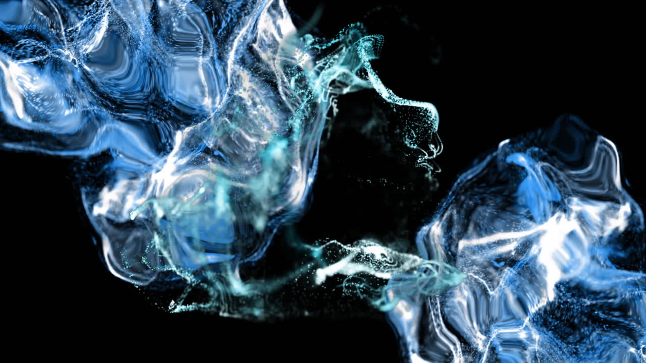 Animation of white and blue particles and liquids moving on black background